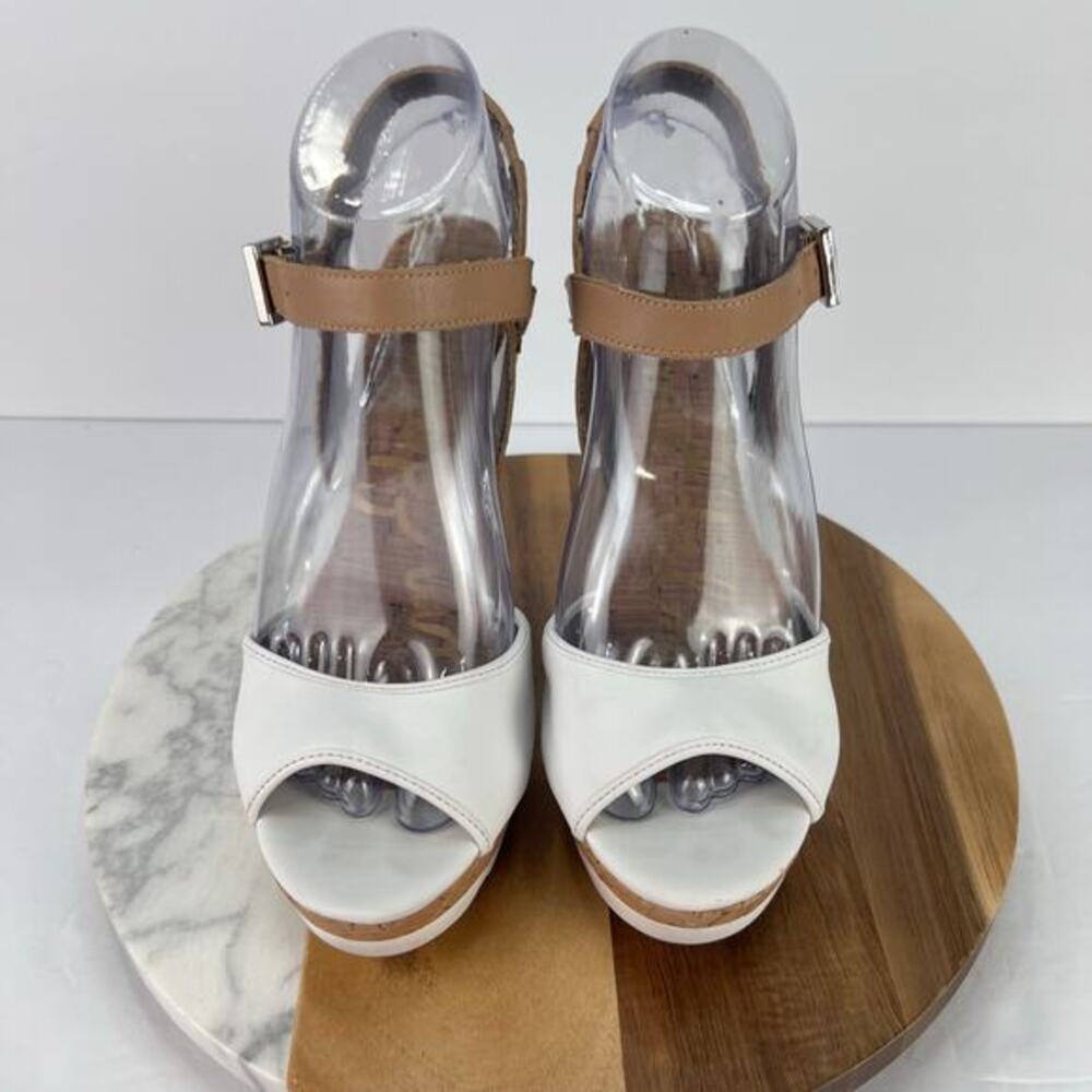 SAM EDELMAN Karina Sandal Slingback Cork Wedge White Leather Heel 7.5 - Picture 2 of 12